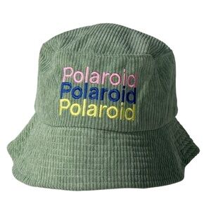 Polaroid Corduroy Bucket Hat Green Embroidered Logo Retro Streetwear Photography